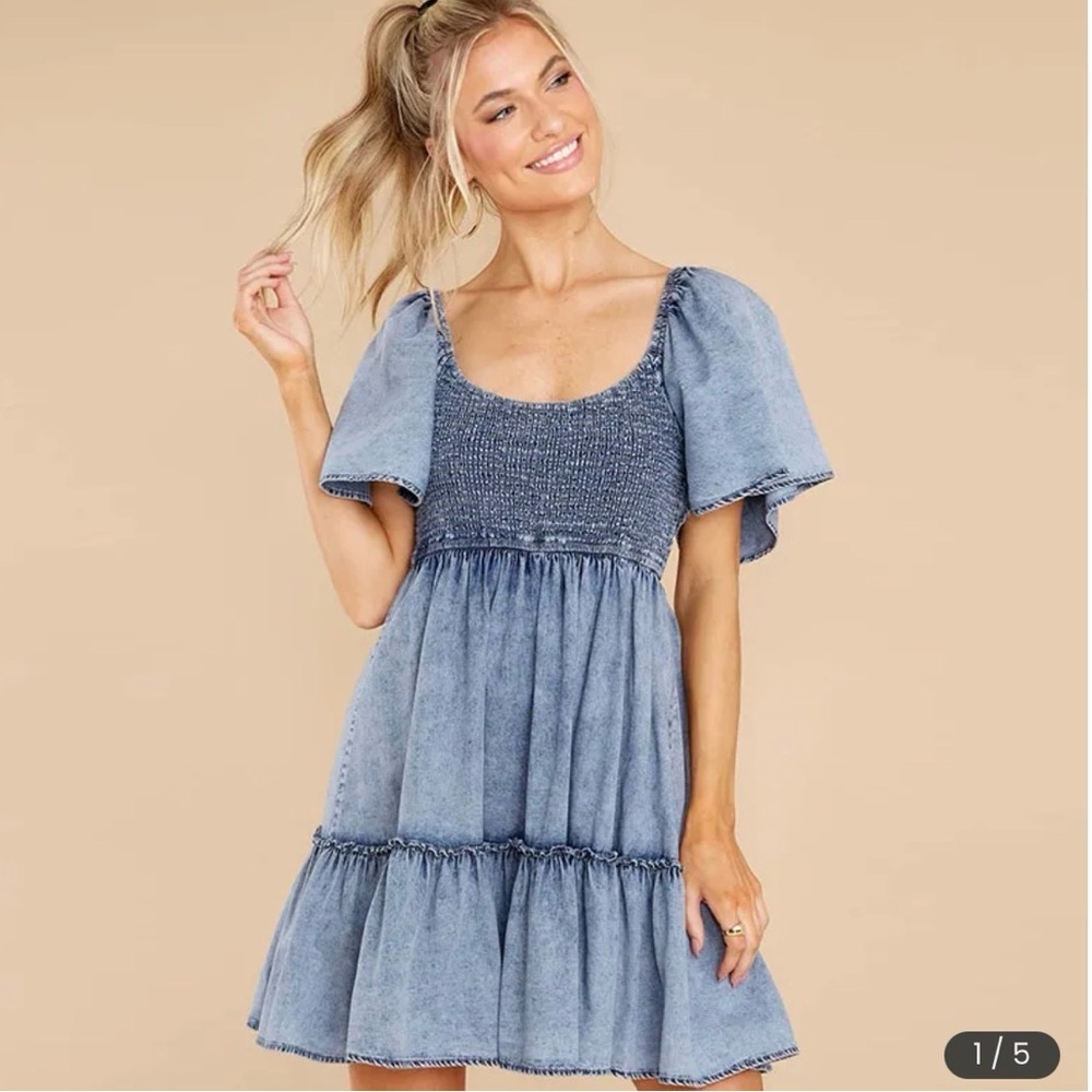 Flying Tomato Acid Wash Denim Smocked Babydoll Mini Dress Size M Boutique